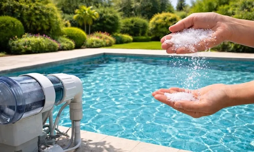 Bazén so slanou vodou s čistou hladinou a moderným dizajnom v záhrade